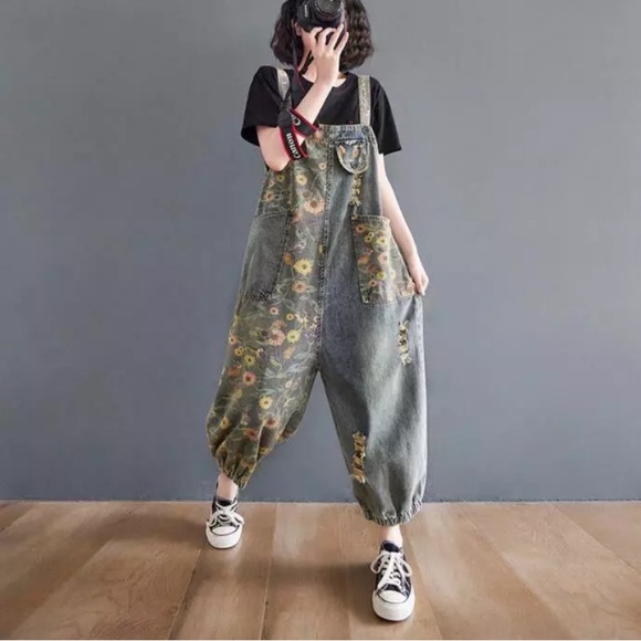 Women Print Floral Denim Overalls Casual Loose Size M Jumpsuit Wide Leg Pants - Picture 3 of 15